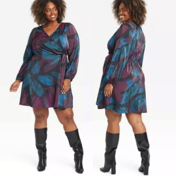 NWT Ava & Viv Balloon Long Sleeve Midi Wrap Dress In Black Floral Size 1X - Picture 1 of 11